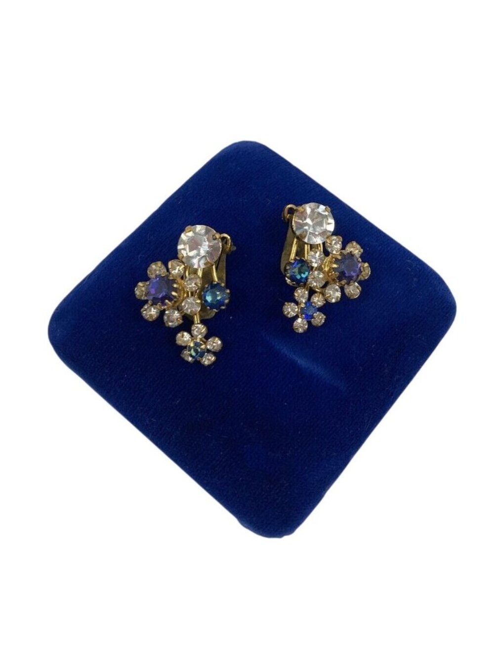 Vtg Purple  Womens Clip On Earrings Blue Glass Floral 1 in Retro Evening Earring